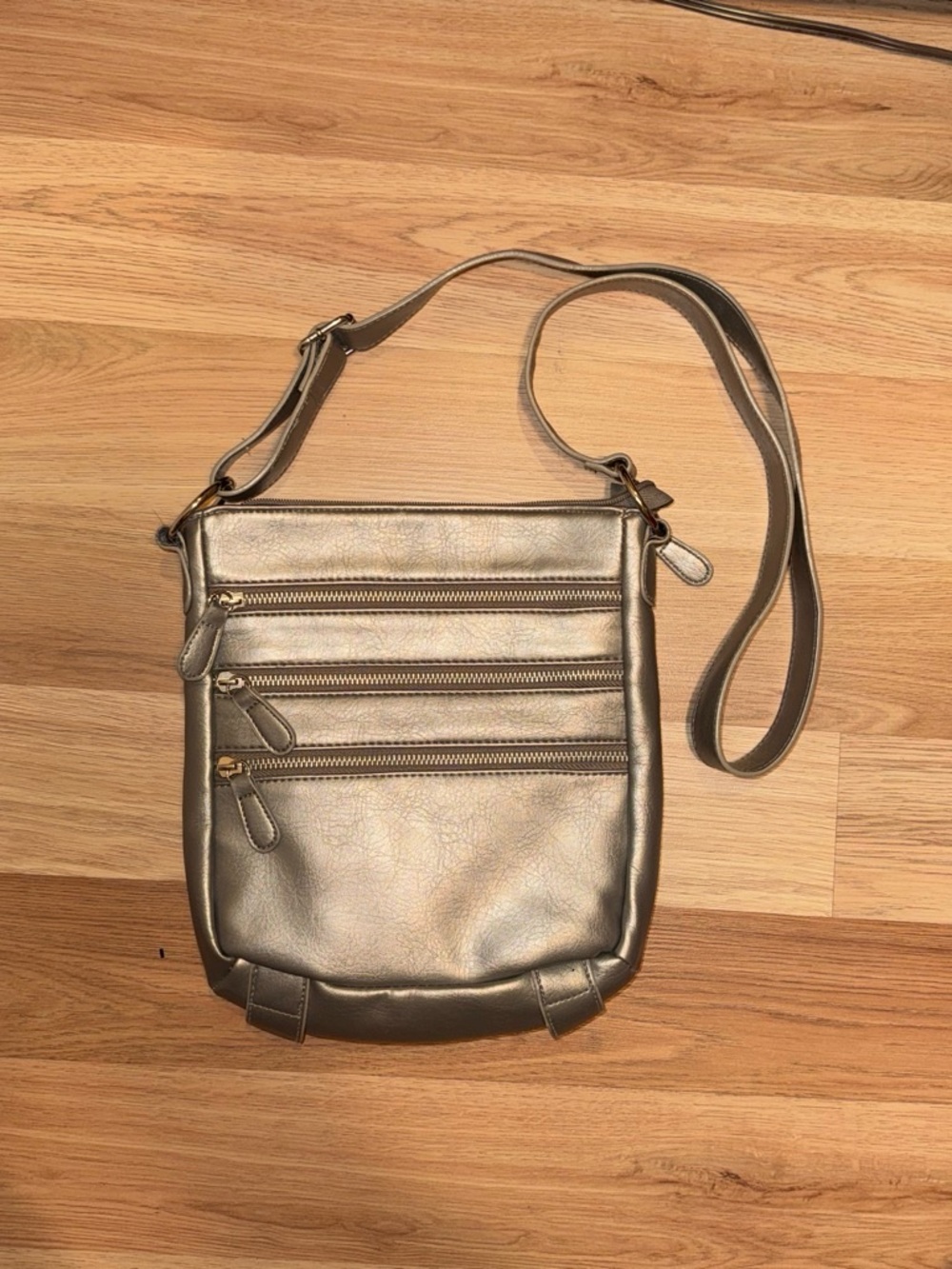 Bueno Metallic Gold Crossbody Bag with Triple Zip Pockets